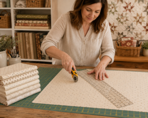 Woman cutting Kim Diehl Half Yard Fabric Bundle on cutting table